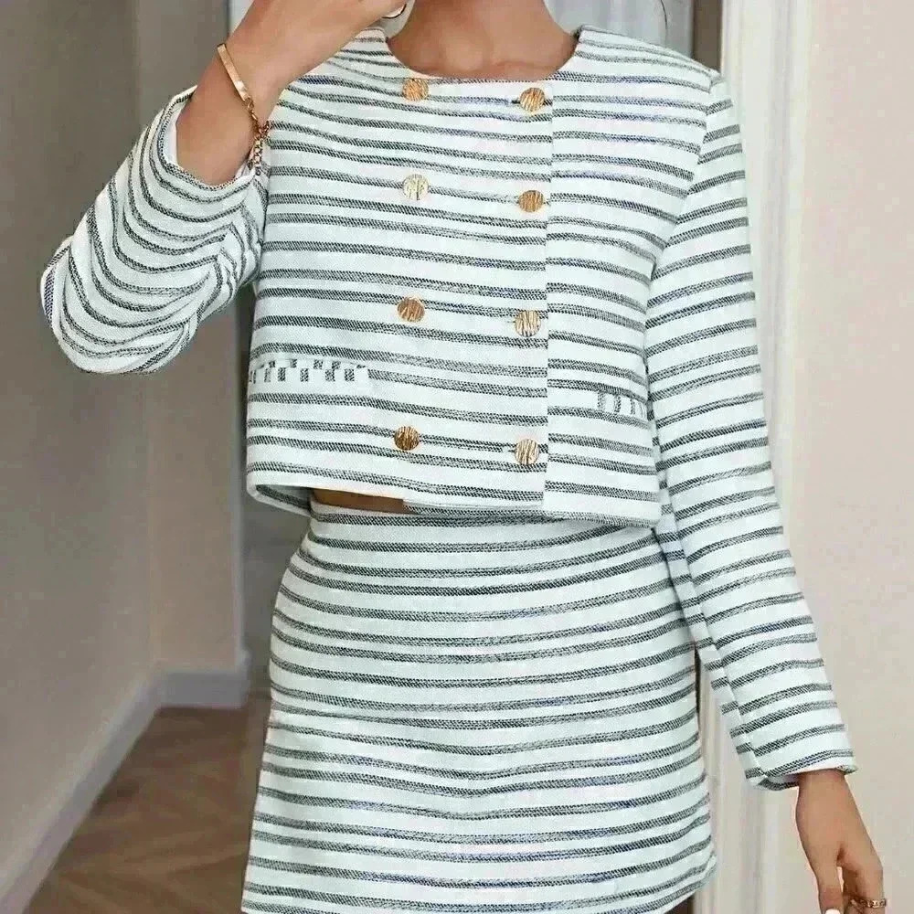 Multicolor Casual Womens Striped Print Double Breasted Jacket & Bodycon Skort - Picture 3 of 5